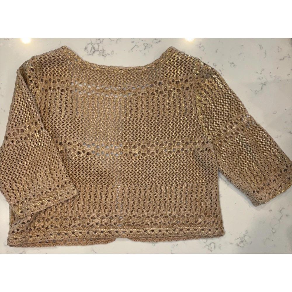 Cache Gold Metallic Short Sleeve Cardigan Size Large 100% Cotton Crochet EUC - Picture 5 of 7